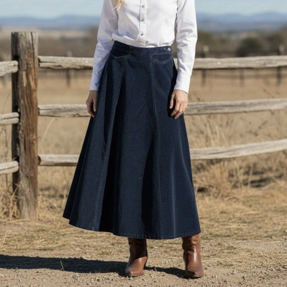 Vtg Y2K Tommy Hilfiger Denim Navy Velvet Western Paneled A Line Midi Skirt Small